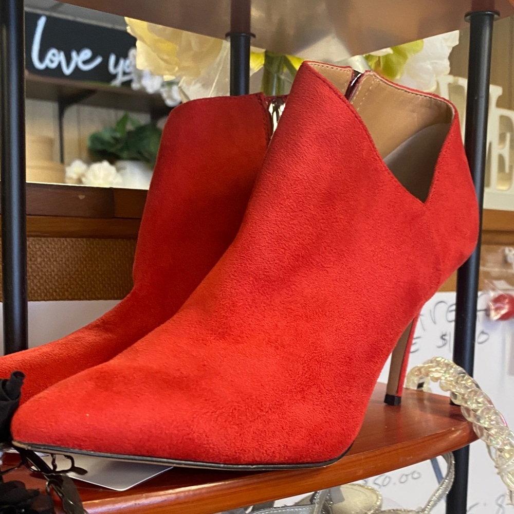 Red Suede Pointed-Toe Ankle Booties